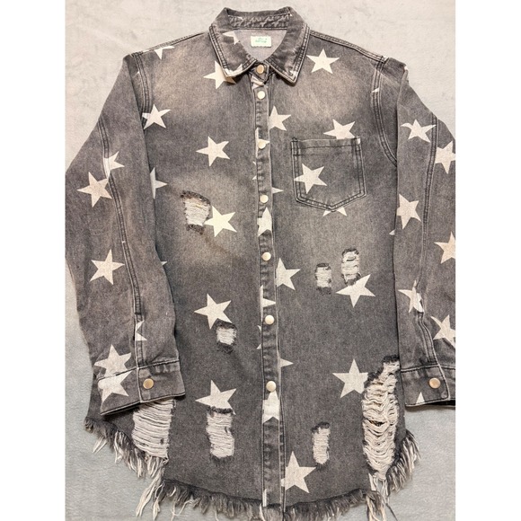 Blue Buttercup Tops - Blue‎ Buttercup Womens Distressed Gray Star Denim Button Up Shirt Grunge